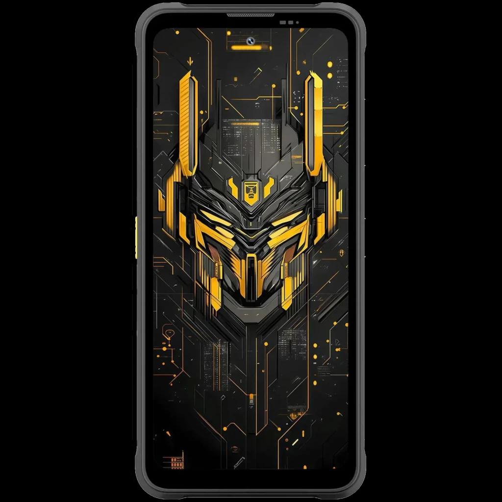 Blackview Fort 5 amarelo com ecrã FullHD+ aceso exibindo grafismo futurista preto e dourado; moldura robusta e câmaras frontais centradas