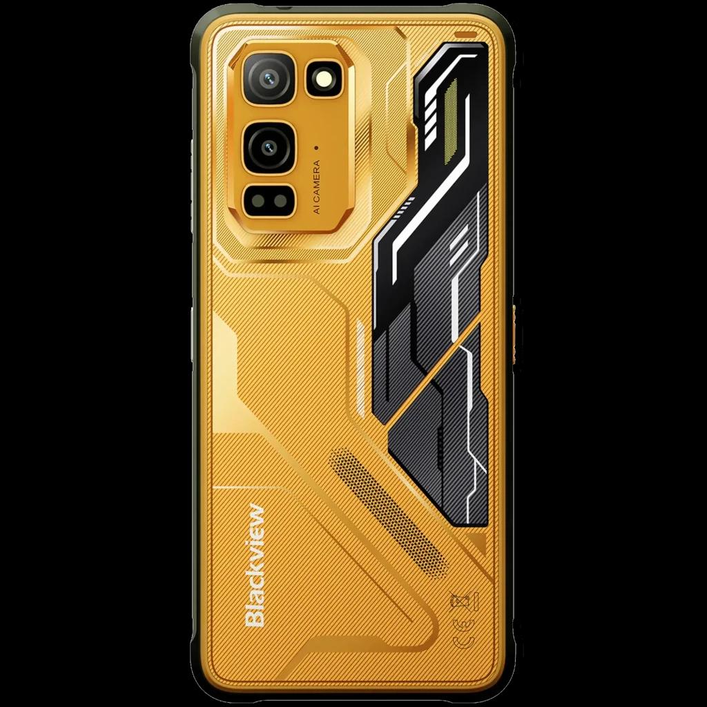 Blackview Fort 5 amarelo com tampa traseira texturizada, módulo de câmera tripla em destaque e design gráfico angular em preto e cinza