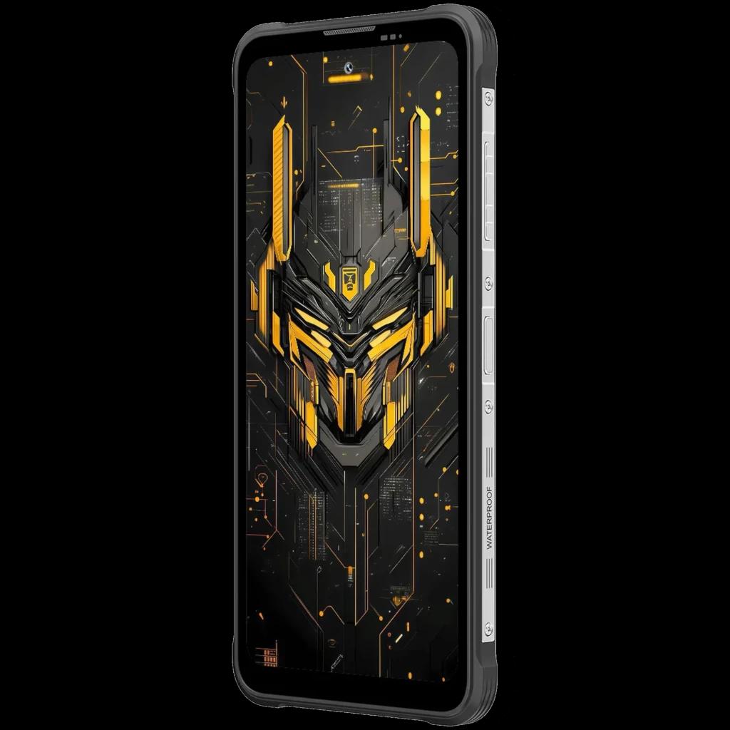 Blackview Fort 5 amarelo com ecrã FullHD+ grande, laterais robustas cinza e botões visíveis; design frontal com padrão tecnológico em preto e amarelo
