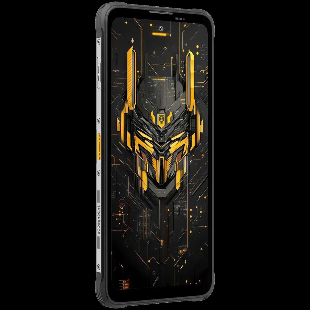 Blackview Fort 5 amarelo com ecrã FullHD+ amplo, moldura robusta cinza e botões laterais destacados; design frontal com gráfico tecnológico em tons dourados