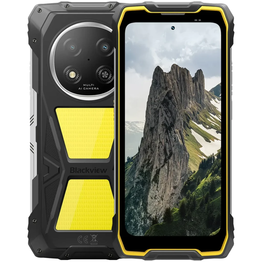 Blackview Rock 2 Pro 256GB amarillo con marco reforzado, cuerpo rugerizado, cámaras traseras duales y pantalla frontal con borde amarillo contrastante