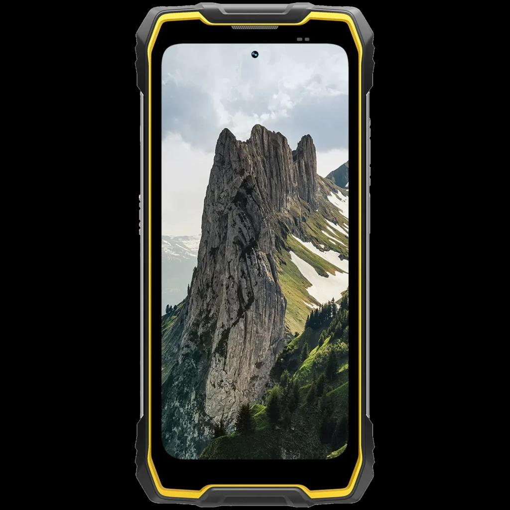 Smartphone rugerizado Blackview Rock 2 Pro amarillo con bordes reforzados, pantalla grande sin marcos pronunciados y diseño resistente para uso exterior