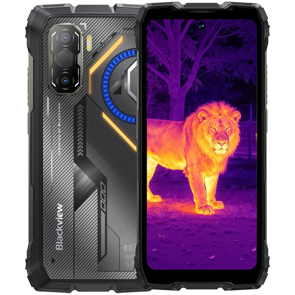 Blackview Rock 3 256GB negro con diseño rugerizado, módulo de triple cámara y pantalla mostrando visión térmica; detalles metálicos y acentos azules
