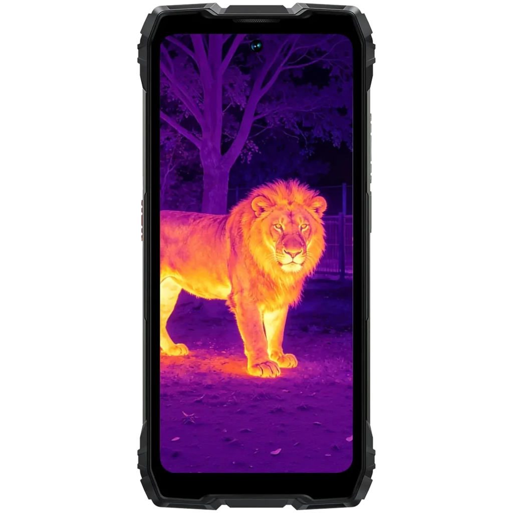 Blackview Rock 3 negro robusto con pantalla que muestra visión térmica de un león, bordes reforzados, diseño resistente, 256GB, 8GB RAM, Helio G100