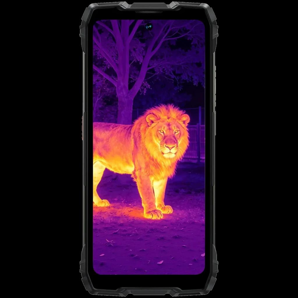 Blackview Rock 3 negro robusto con pantalla que muestra visión térmica de un león, bordes reforzados, diseño resistente, 256GB, 8GB RAM, Helio G100