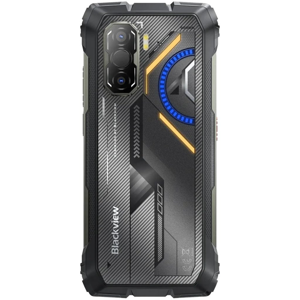 Blackview Rock 3 negro robusto con cámara trasera triple, módulo térmico, detalles LED azules y amarillos, carcasa resistente con textura y bordes reforzados