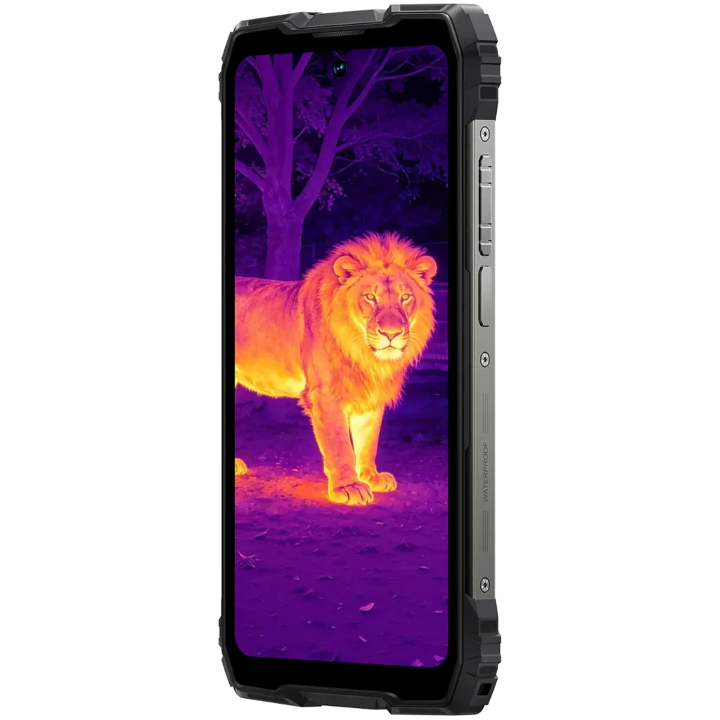Blackview Rock 3 negro resistente con pantalla mostrando visión térmica de león, botones laterales rugosos, bordes reforzados y diseño robusto
