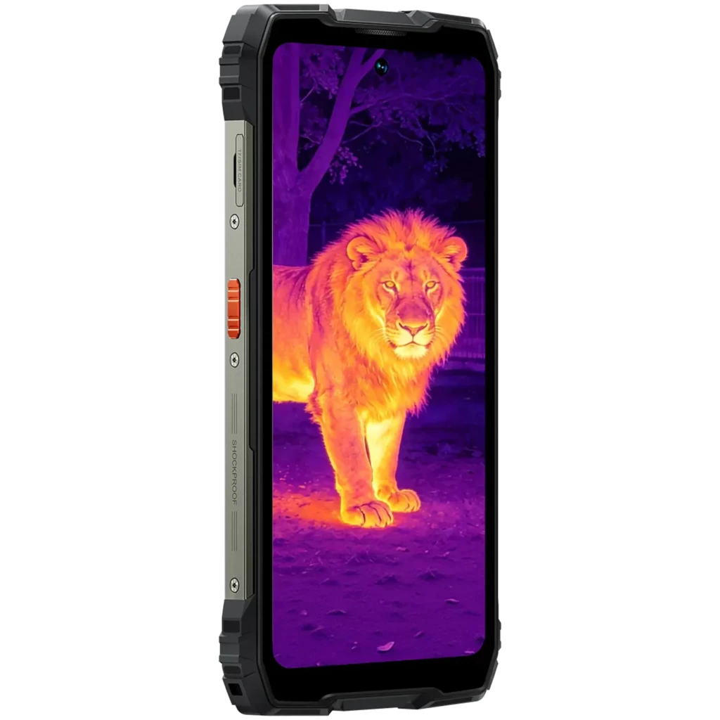 Smartphone rugerizado negro con pantalla que muestra imagen térmica de león, botón lateral naranja, bordes reforzados y diseño robusto antigolpes