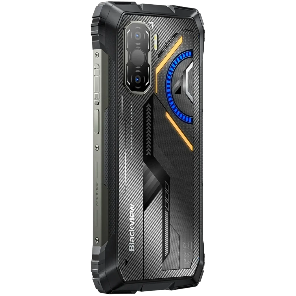 Blackview Rock 3 negro resistente con carcasa robusta, textura de fibra de carbono, detalles azules y naranjas, módulo de triple cámara con sensor térmico