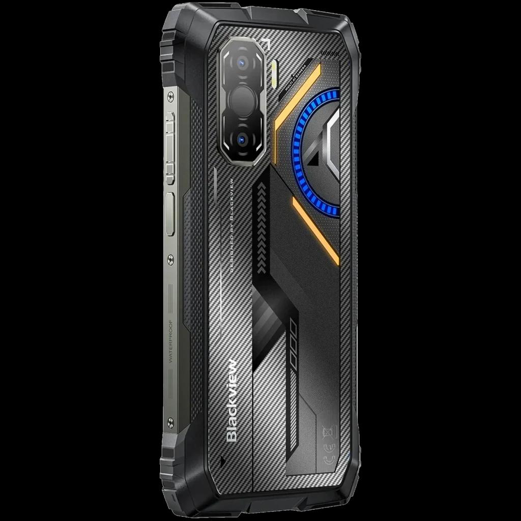 Blackview Rock 3 negro resistente con carcasa robusta, textura de fibra de carbono, detalles azules y naranjas, módulo de triple cámara con sensor térmico
