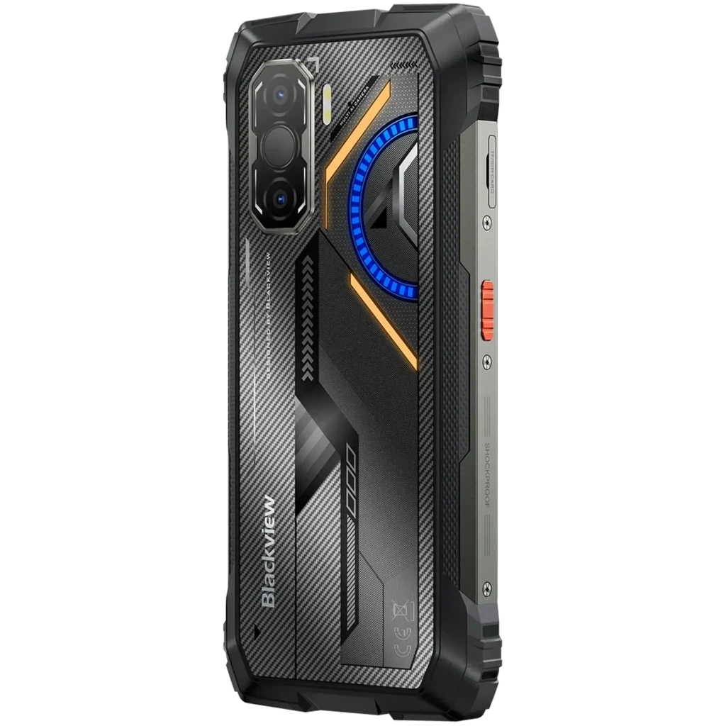 Smartphone rugerizado Blackview Rock 3 negro, carcasa robusta con detalles en azul y naranja, triple cámara trasera con módulo térmico y laterales reforzados