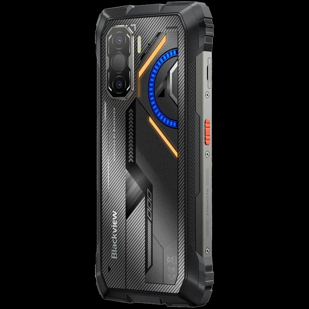 Smartphone rugerizado Blackview Rock 3 negro, carcasa robusta con detalles en azul y naranja, triple cámara trasera con módulo térmico y laterales reforzados