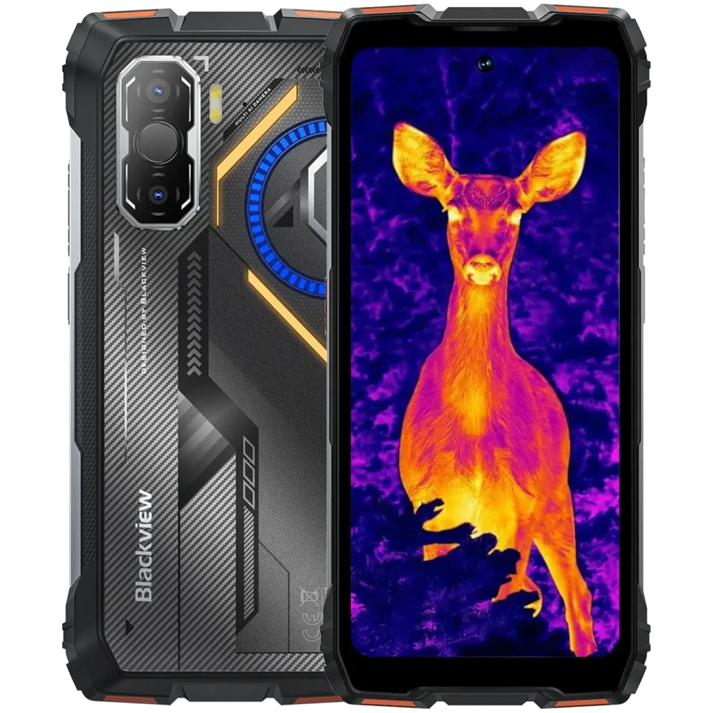 Blackview Rock 3 256GB naranja con cámara térmica, diseño rugerizado negro y naranja, triple cámara trasera y pantalla con termografía; bordes reforzados