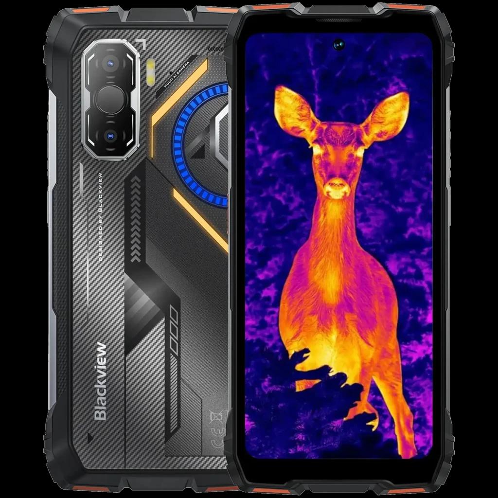Blackview Rock 3 laranja robusto com câmara térmica ativa, ecrã com recorte central, traseira texturizada com detalhes LED e módulo de câmara tripla