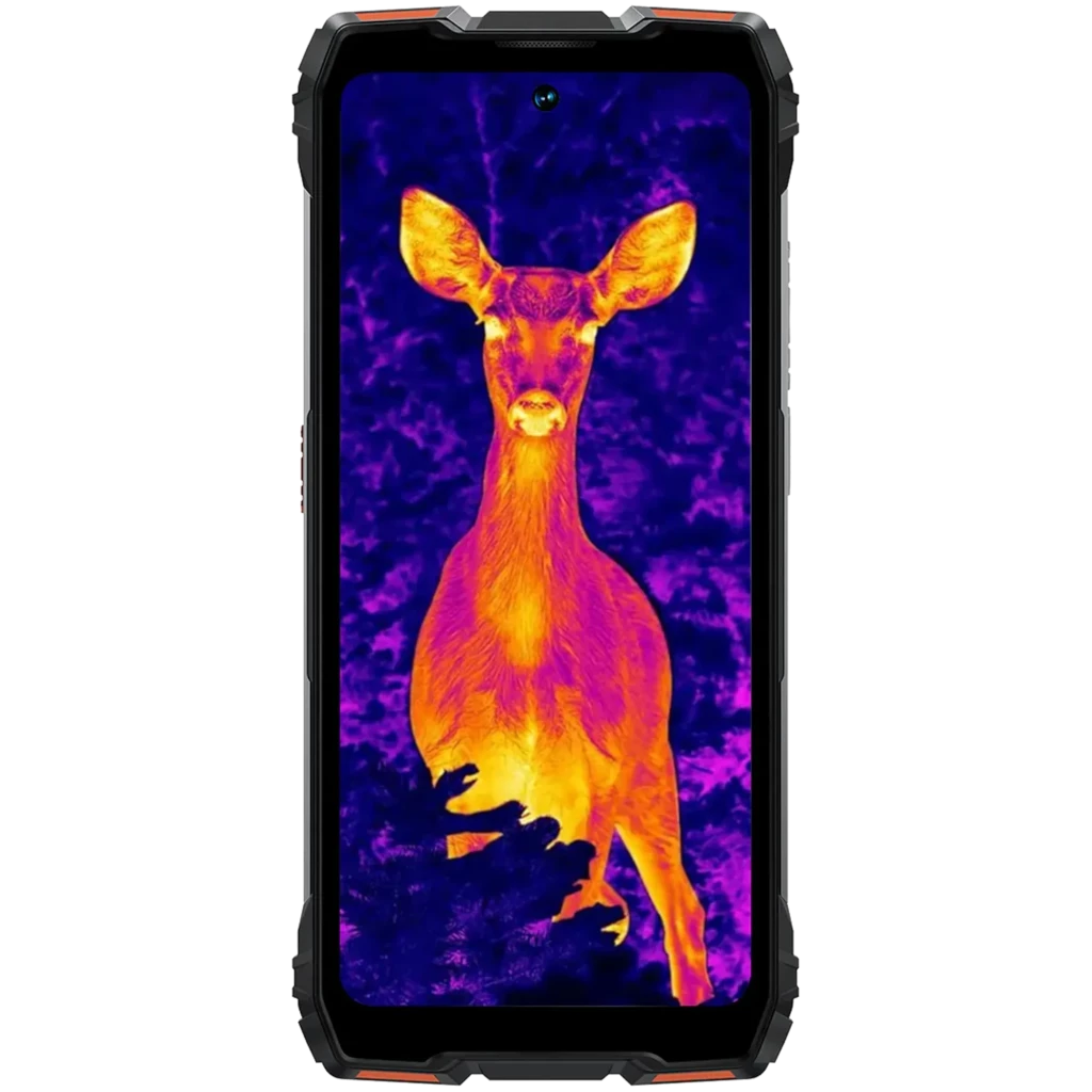 Smartphone robusto laranja com tela exibindo imagem térmica de cervo; moldura reforçada, câmera térmica destacada e design resistente para uso externo