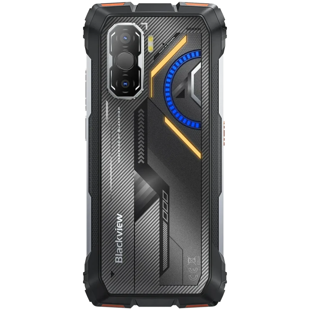 Blackview Rock 3 laranja robusto, traseira carbon-look com detalhes azuis e laranja, módulo de câmeras triplo com flash e design industrial reforçado