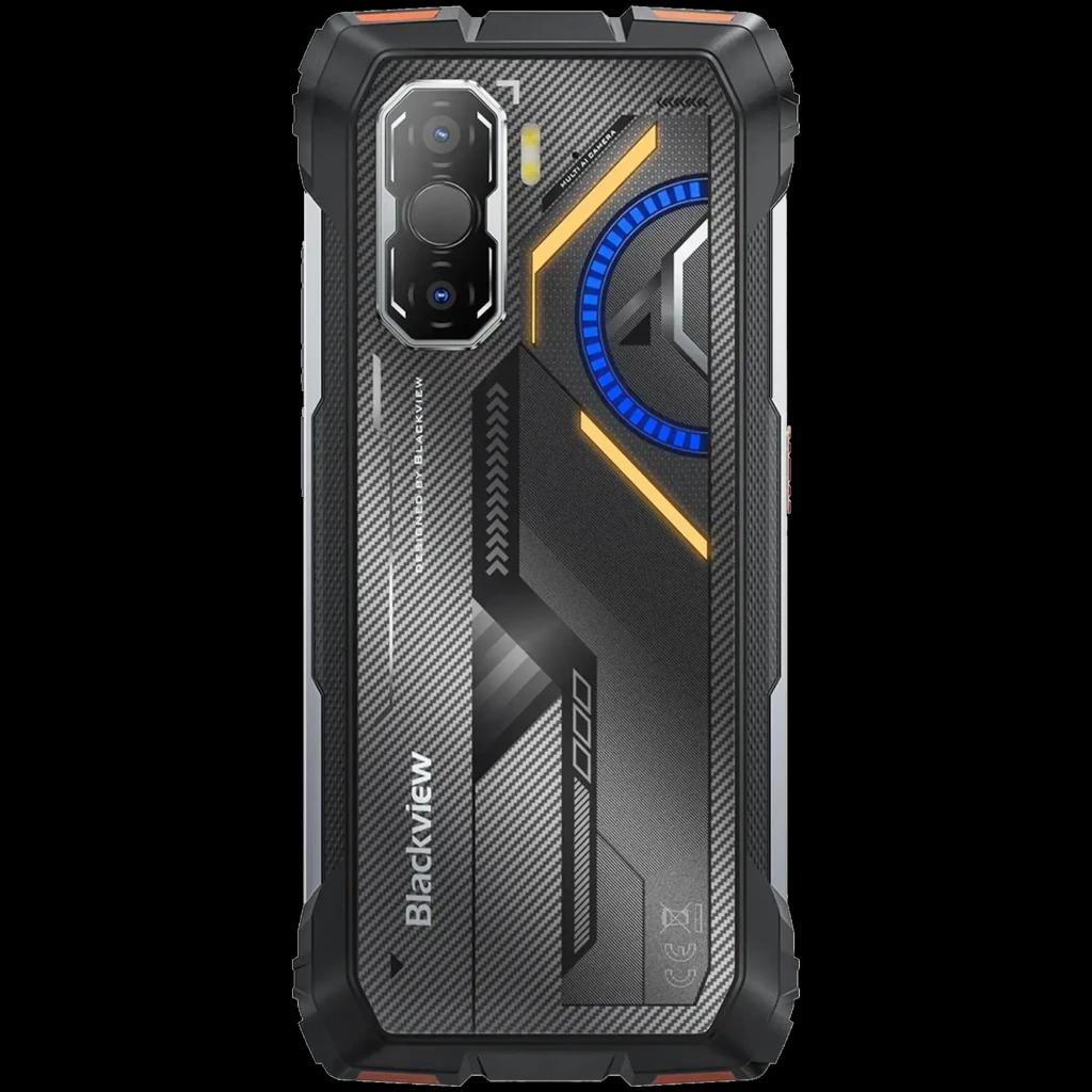 Blackview Rock 3 laranja robusto, traseira carbon-look com detalhes azuis e laranja, módulo de câmeras triplo com flash e design industrial reforçado