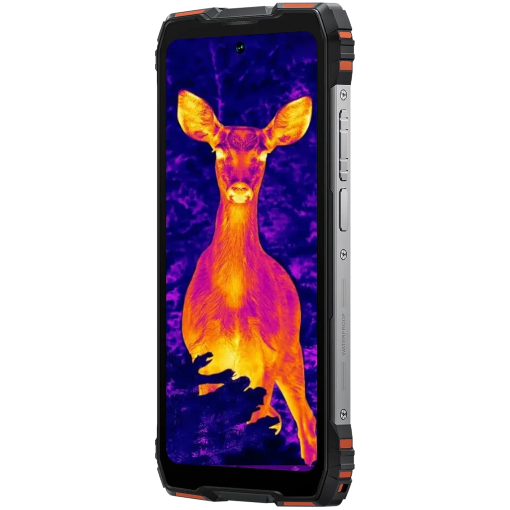 Blackview Rock 3 laranja robusto com câmara térmica ativa na tela, laterais metálicas com botões físicos e moldura reforçada para uso outdoor