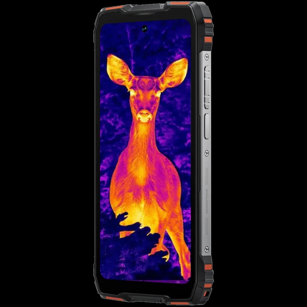 Blackview Rock 3 laranja robusto com câmara térmica ativa na tela, laterais metálicas com botões físicos e moldura reforçada para uso outdoor