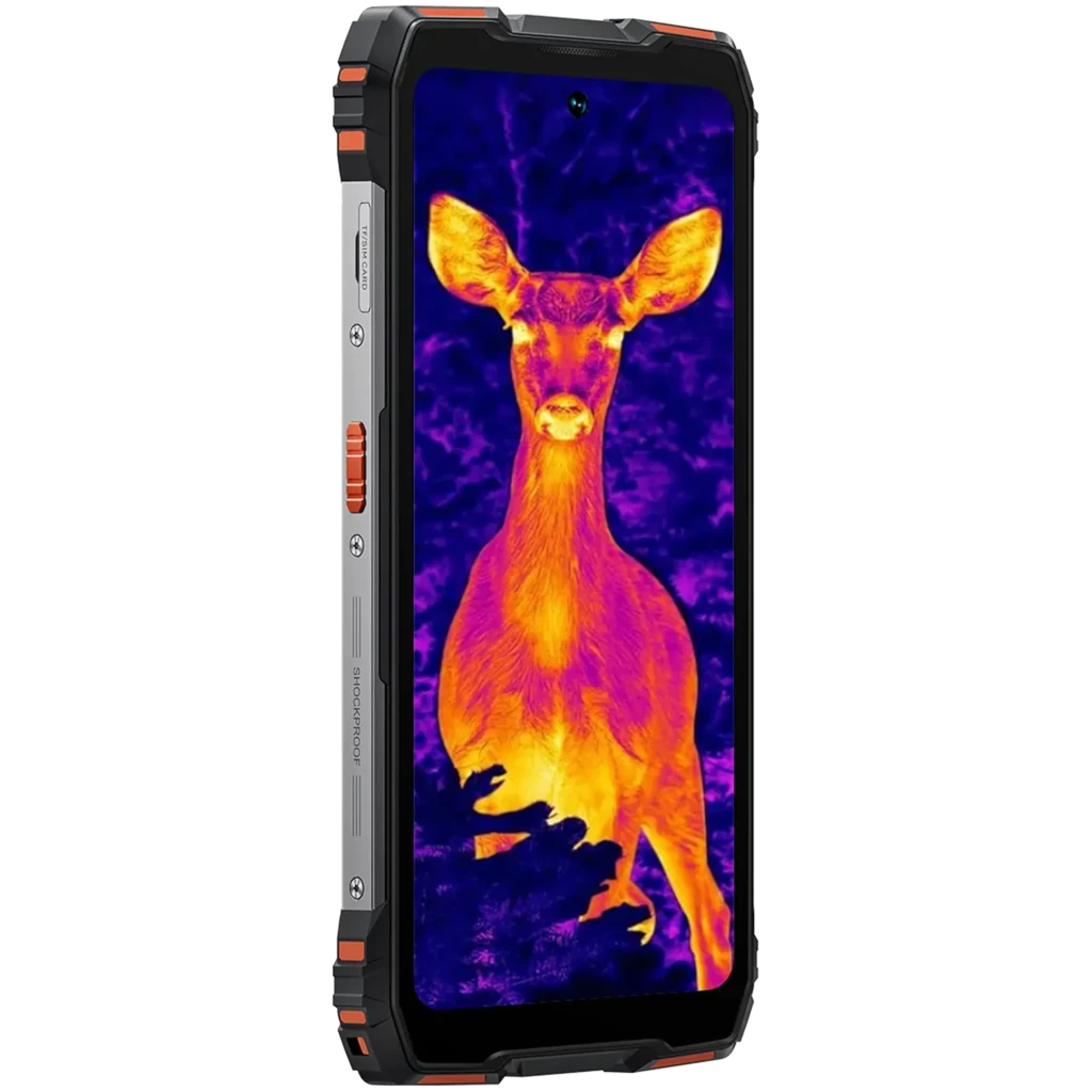 Blackview Rock 3 laranja robusto, tela grande, câmera térmica ativa mostrando calor, laterais reforçadas com botões e detalhes em laranja e preto