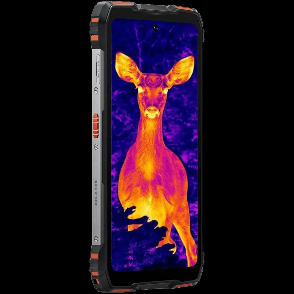 Blackview Rock 3 laranja robusto, tela grande, câmera térmica ativa mostrando calor, laterais reforçadas com botões e detalhes em laranja e preto