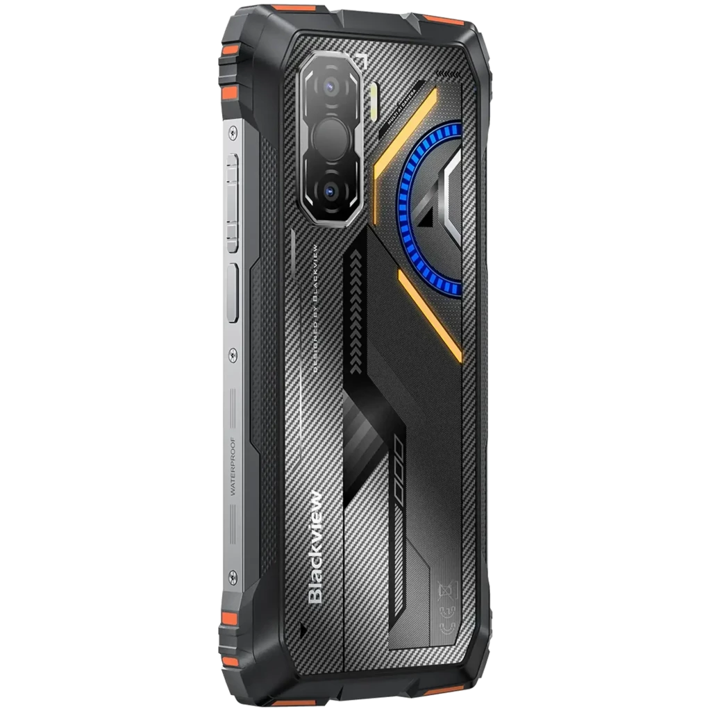 Blackview Rock 3 laranja com design robusto, traseira preta texturizada, detalhes em azul e laranja, módulo de câmeras triplo e laterais prateadas com botões