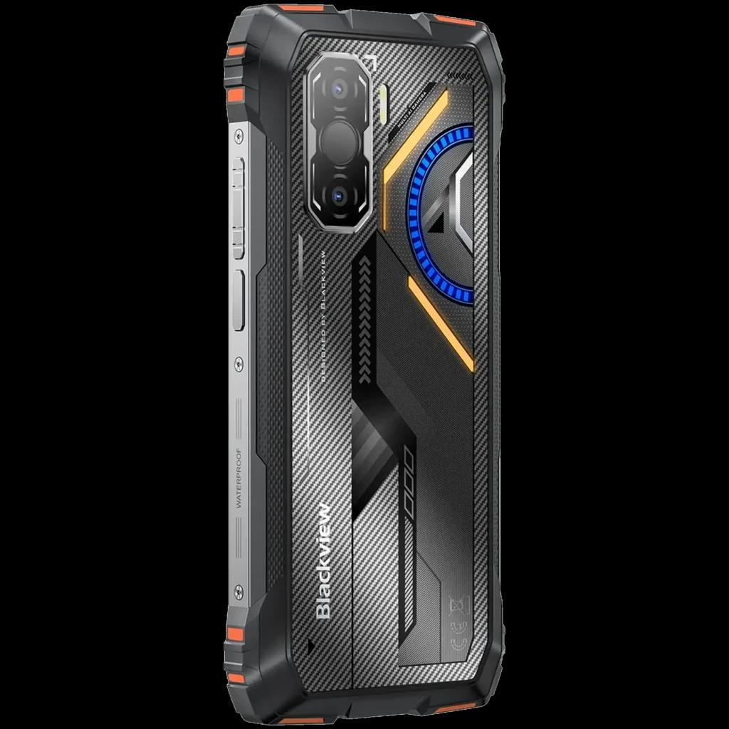 Blackview Rock 3 laranja com design robusto, traseira preta texturizada, detalhes em azul e laranja, módulo de câmeras triplo e laterais prateadas com botões