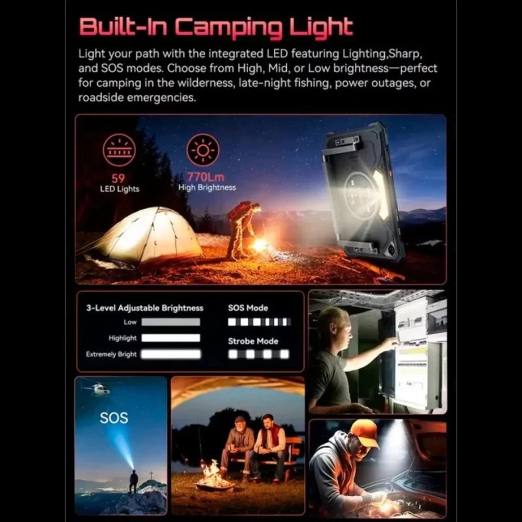 Cubot Tab KingKong S 10.1 pulgadas negra con luz LED integrada para camping, modos SOS y brillo ajustable, ideal para exteriores y emergencias