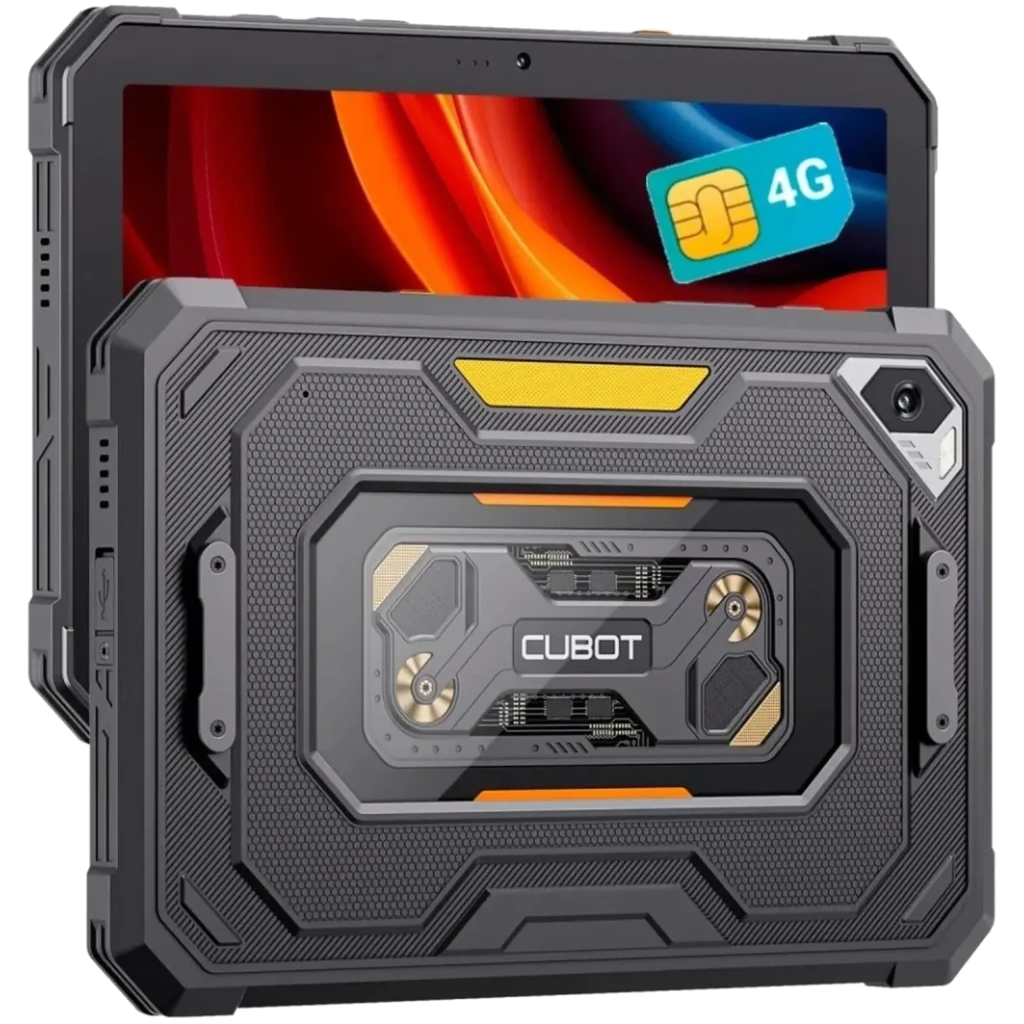 Tablet robusto Cubot Tab KingKong Mini 8.68 preto, capa antiderrapante com detalhes laranja, câmera traseira angular e slot 4G destacado na tela