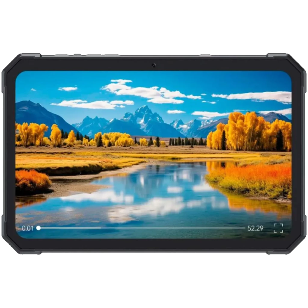 Tablet robusta negra con marco reforzado y pantalla amplia borde a borde mostrando paisaje nítido y colorido; diseño resistente del Cubot Tab KingKong Mini