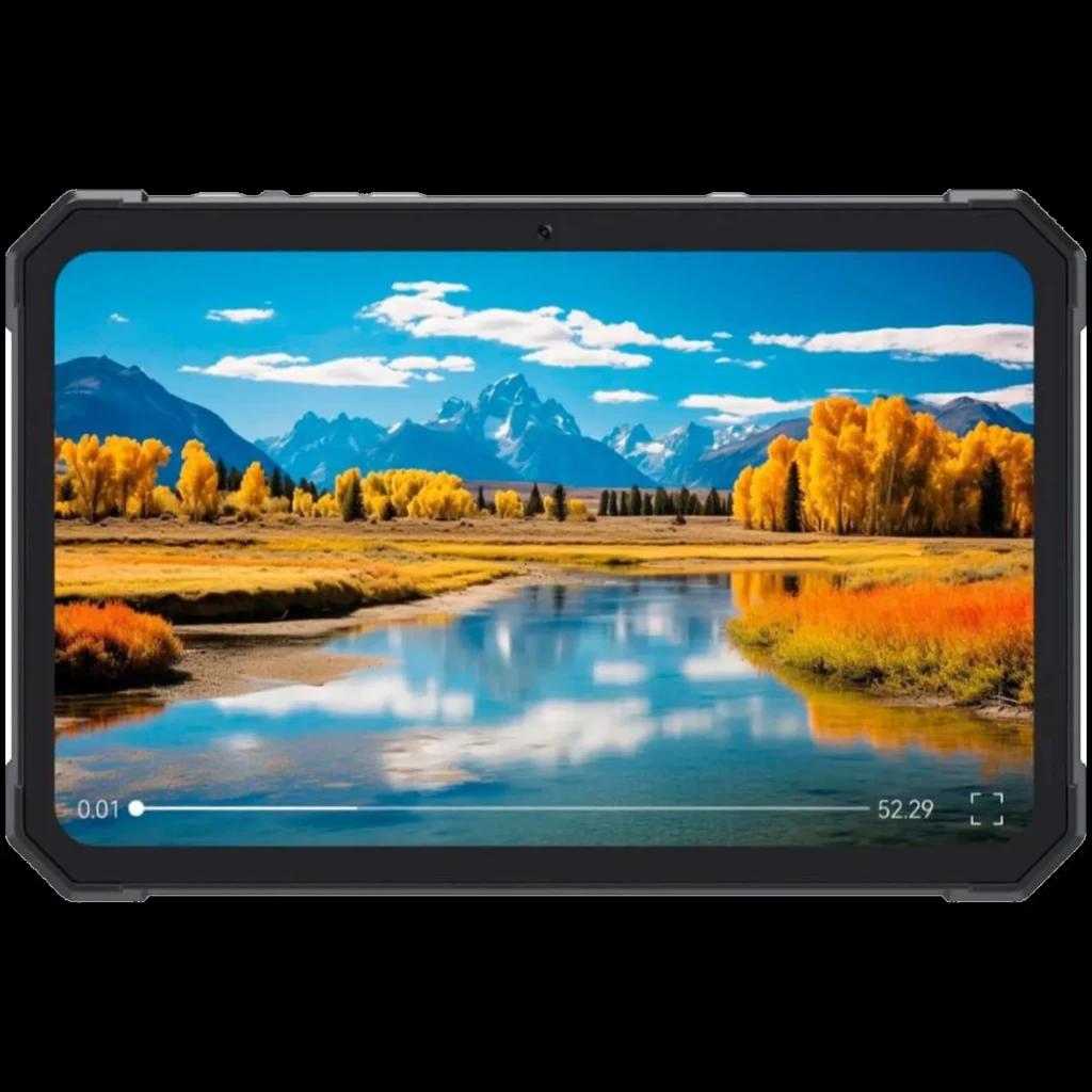 Tablet robusta negra con marco reforzado y pantalla amplia borde a borde mostrando paisaje nítido y colorido; diseño resistente del Cubot Tab KingKong Mini