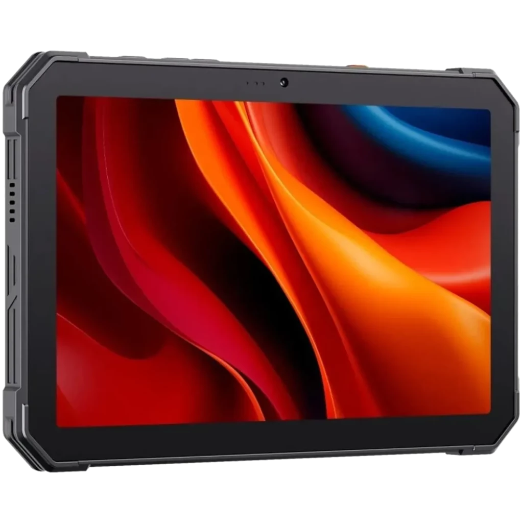 Tablet negra robusta con marco reforzado y pantalla amplia sin bordes curvos, cámara frontal centrada y botones laterales texturizados, diseño resistente y