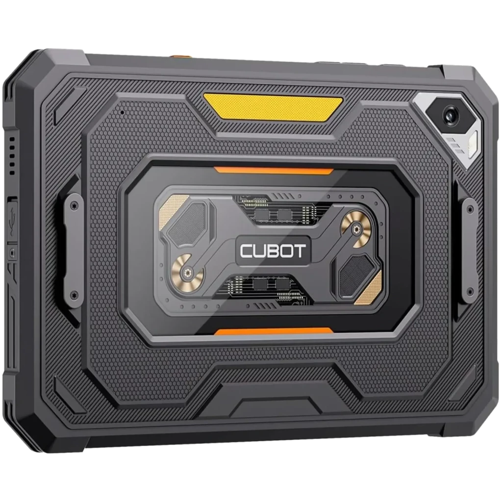 Tablet robusta negra Cubot Tab KingKong Mini con carcasa rugerizada, detalles naranjas y módulo central visible tipo industrial; cámara trasera en esquina
