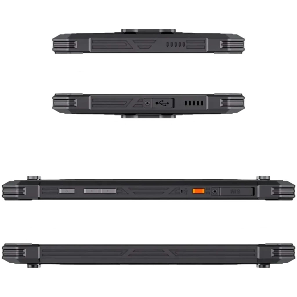Bordes robustos en negro, cuerpo resistente con esquinas reforzadas, puertos sellados, botones laterales texturizados y deslizador naranja de control