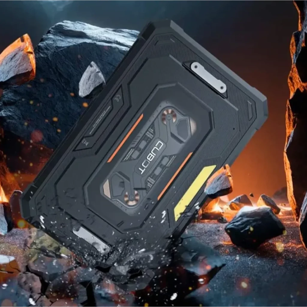 Tableta robusta negra Cubot Tab KingKong Mini 8.68 con carcasa reforzada, detalles naranjas, esquinas protegidas y diseño resistente a golpes y caídas