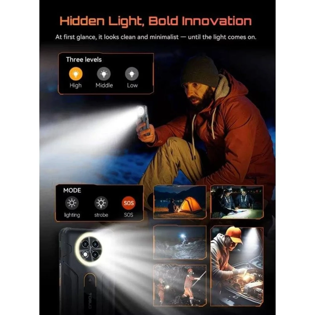 Cubot KingKong ACE 5 preto robusto com ecrã duplo e módulo traseiro circular com 4 LEDs integrados, lanterna potente com modos lighting, strobe e SOS