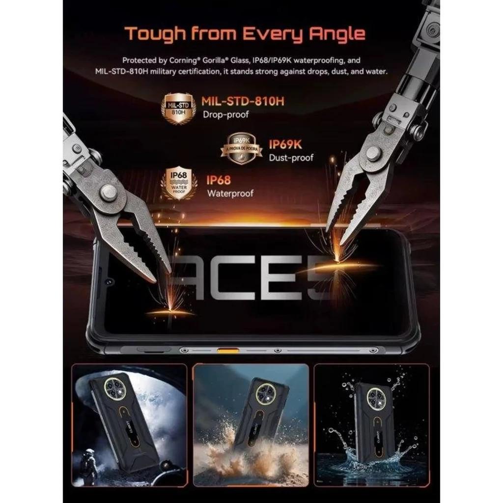 Smartphone robusto preto com ecrã duplo, vidro Gorilla, padrão MIL-STD-810H, resistente a quedas, poeira e água IP68 IP69K, detalhes metálicos reforçados