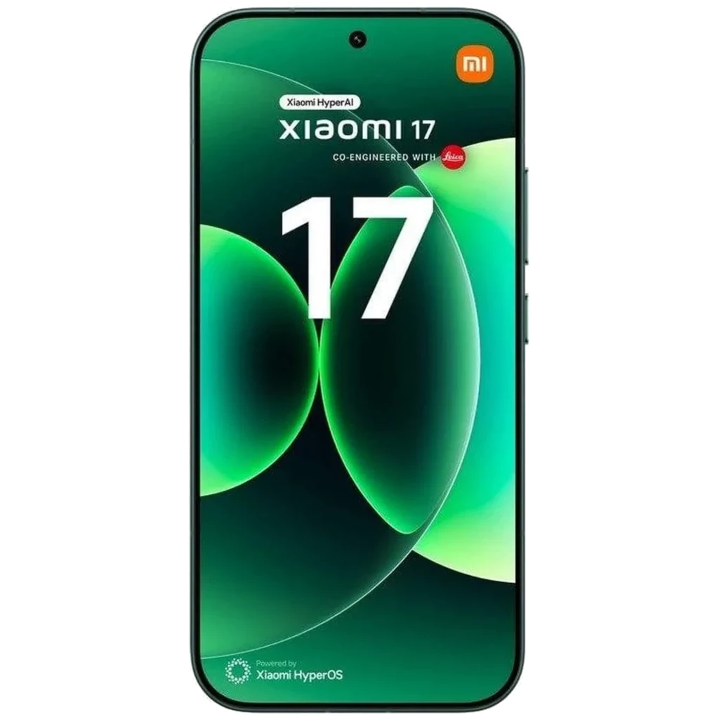Xiaomi 17 Ventura Green con pantalla frontal de borde delgado y cámara frontal centrada; diseño verde con logotipos HyperOS y Leica, 512GB y 12GB RAM