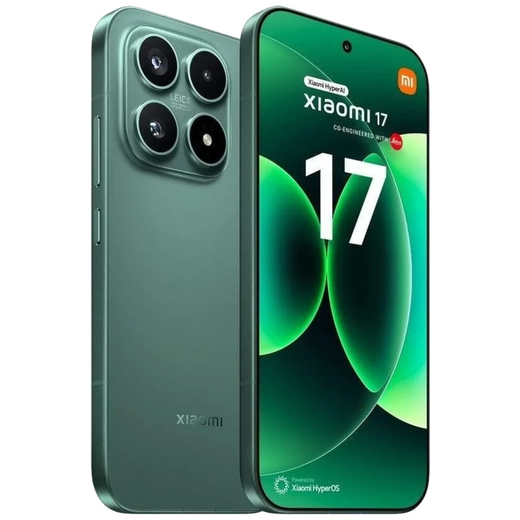Xiaomi 17 512GB Ventura Green con pantalla AMOLED borde a borde, módulo triple Leica de 50 MP en marco cuadrado, cuerpo verde mate y cámara frontal centrada