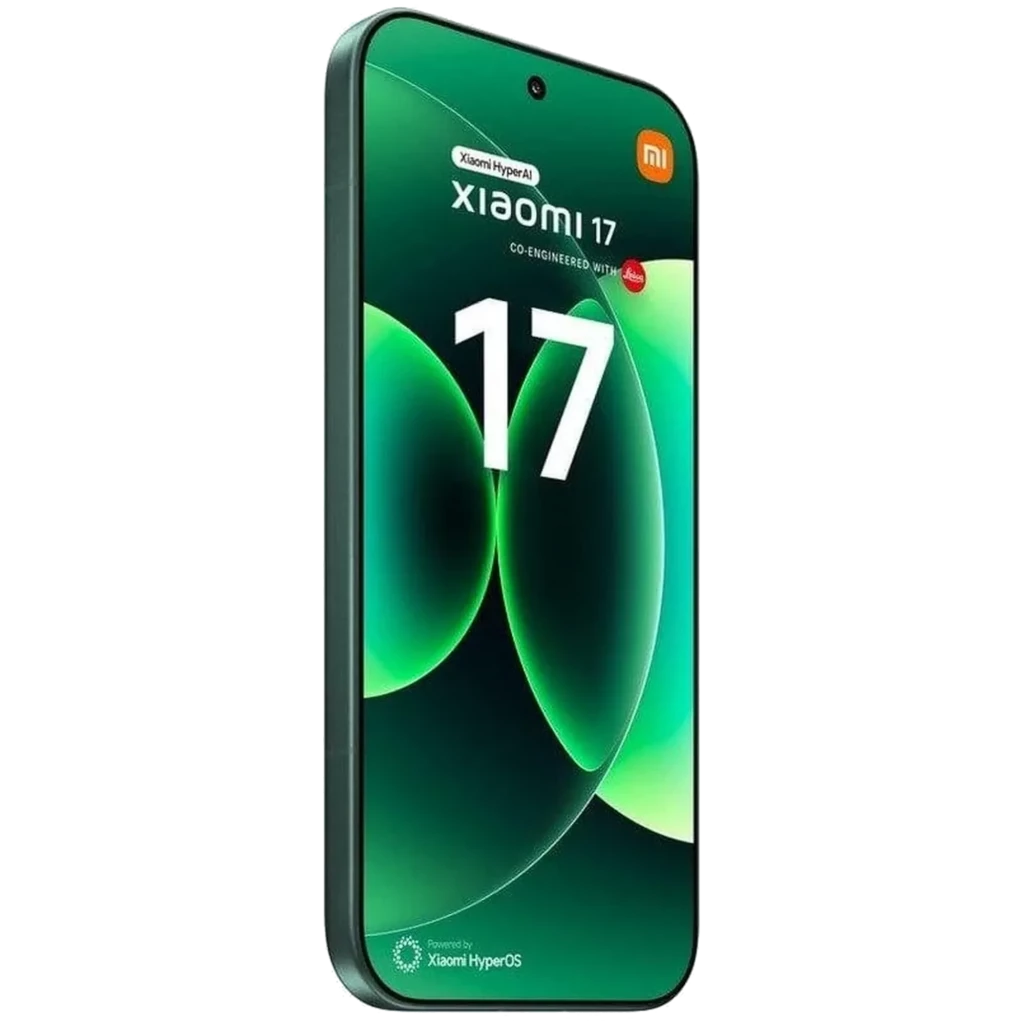 Xiaomi 17 Ventura Green con pantalla curva sin marcos, orificio centrado para cámara frontal y bordes metálicos; interfaz HyperOS en tonos verdes vibrantes