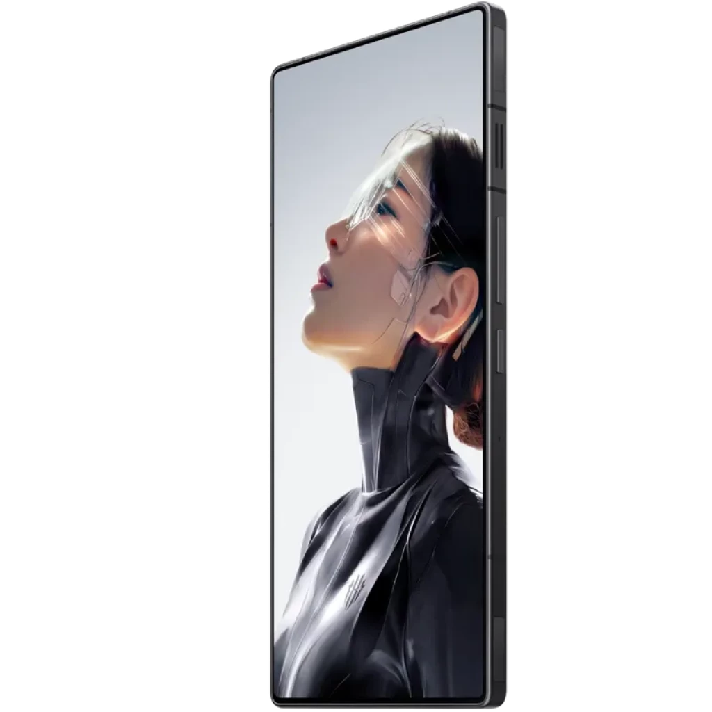 Smartphone gaming Nubia Redmagic 11 Air 5G con pantalla casi sin bordes, frontal con arte futurista, marco negro angular, detalles de ventilación y botones