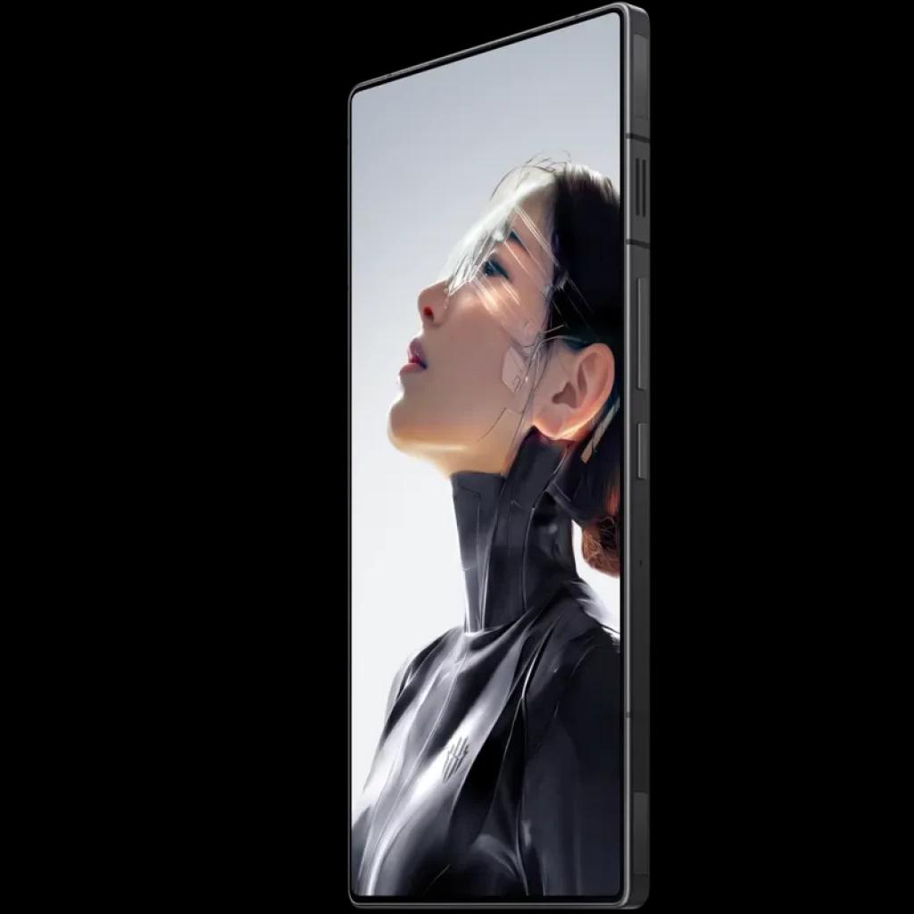 Smartphone gaming Nubia Redmagic 11 Air 5G con pantalla casi sin bordes, frontal con arte futurista, marco negro angular, detalles de ventilación y botones