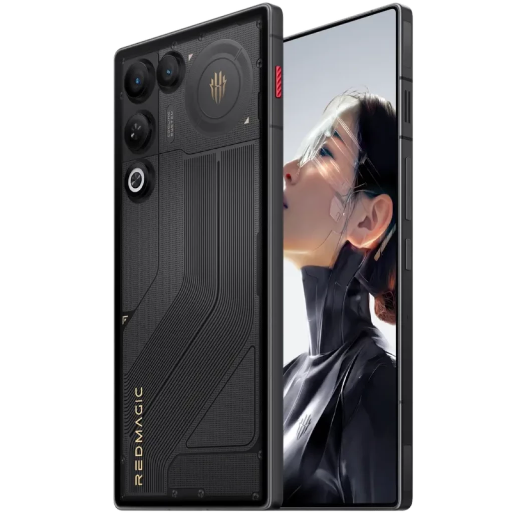 Nubia Redmagic 11 Air 5G Phantom con trasera negra texturizada, módulo triple de cámara grande, logo iluminado, botones laterales rojos y pantalla casi sin