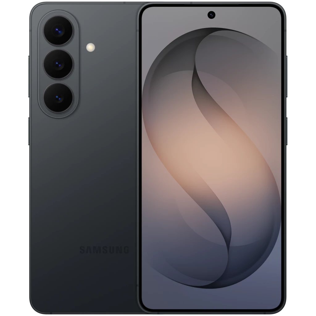 Smartphone Samsung Galaxy S26 5G negro con pantalla de 6.3 pulgadas casi sin bordes, cámara triple trasera vertical y frontal en orificio centrado