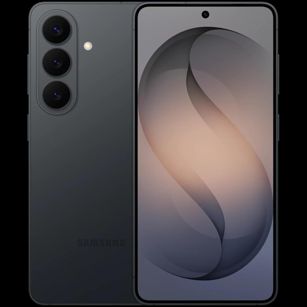 Smartphone Samsung Galaxy S26 5G negro con pantalla de 6.3 pulgadas casi sin bordes, cámara triple trasera vertical y frontal en orificio centrado