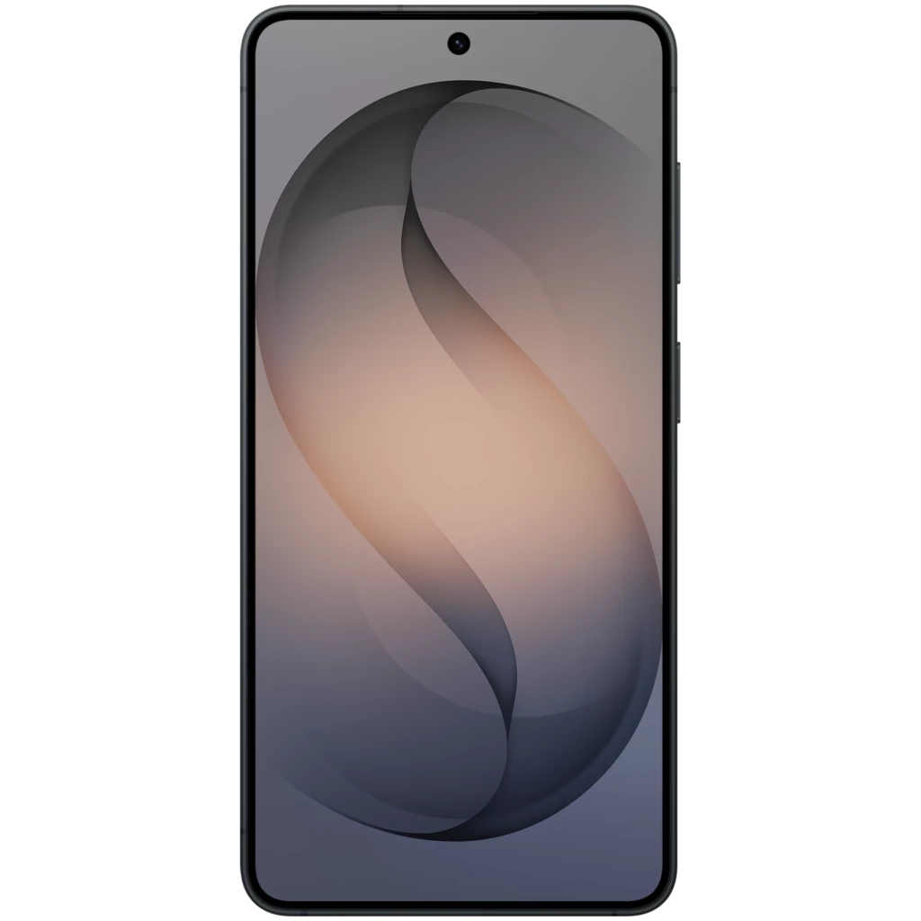 Samsung Galaxy S26 5G negro con pantalla de 6.3 pulgadas, bordes delgados, cámara frontal en orificio central y diseño elegante con degradado S en el display