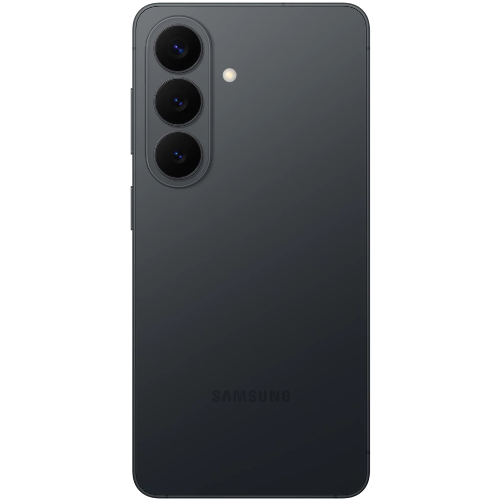 Parte trasera del Samsung Galaxy S26 5G negro con triple cámara vertical, lentes prominentes y flash LED, acabado mate y logo discreto en la parte inferior
