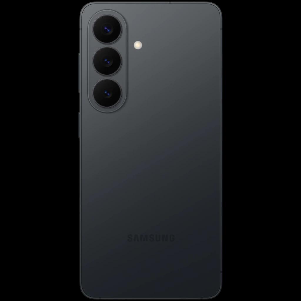 Parte trasera del Samsung Galaxy S26 5G negro con triple cámara vertical, lentes prominentes y flash LED, acabado mate y logo discreto en la parte inferior