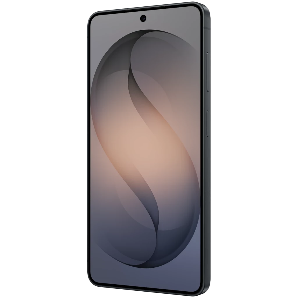 Smartphone negro con pantalla 6.3 pulgadas casi sin bordes, cámara frontal en orificio central y marco delgado; diseño moderno y minimalista