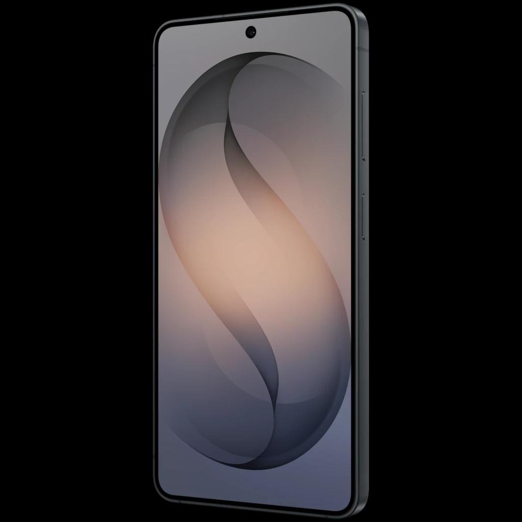 Smartphone negro con pantalla 6.3 pulgadas casi sin bordes, cámara frontal en orificio central y marco delgado; diseño moderno y minimalista